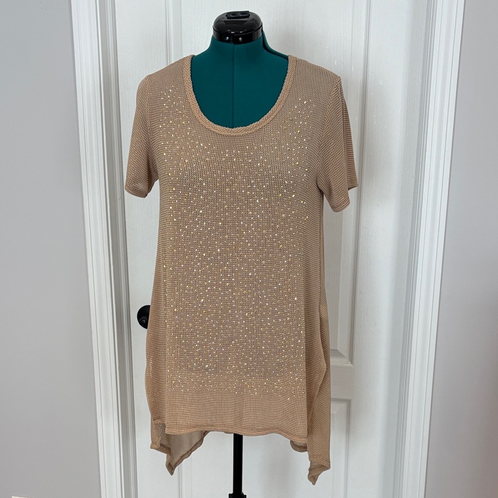 Elegant Tan Short Sleeve Tunic with Sparkle Accents